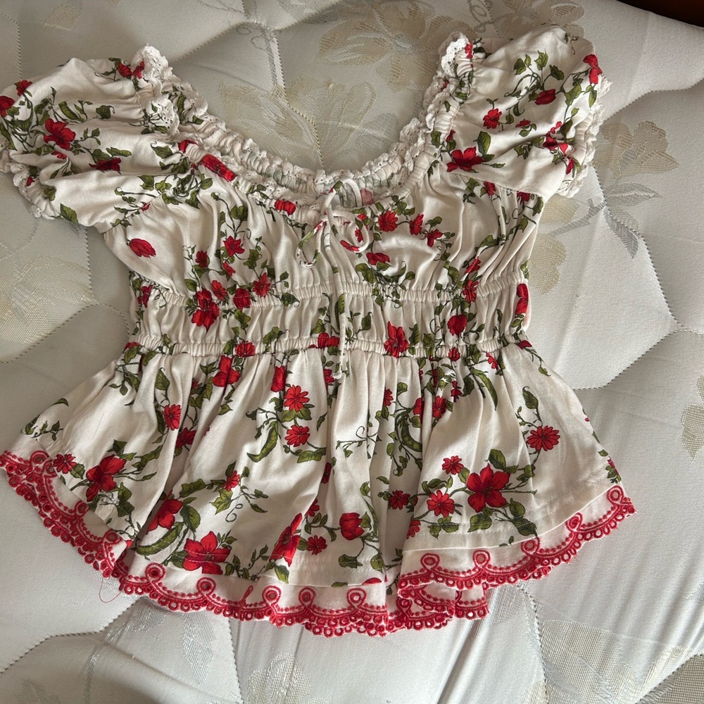 Maeve Floral Peasant Top - Red and Green